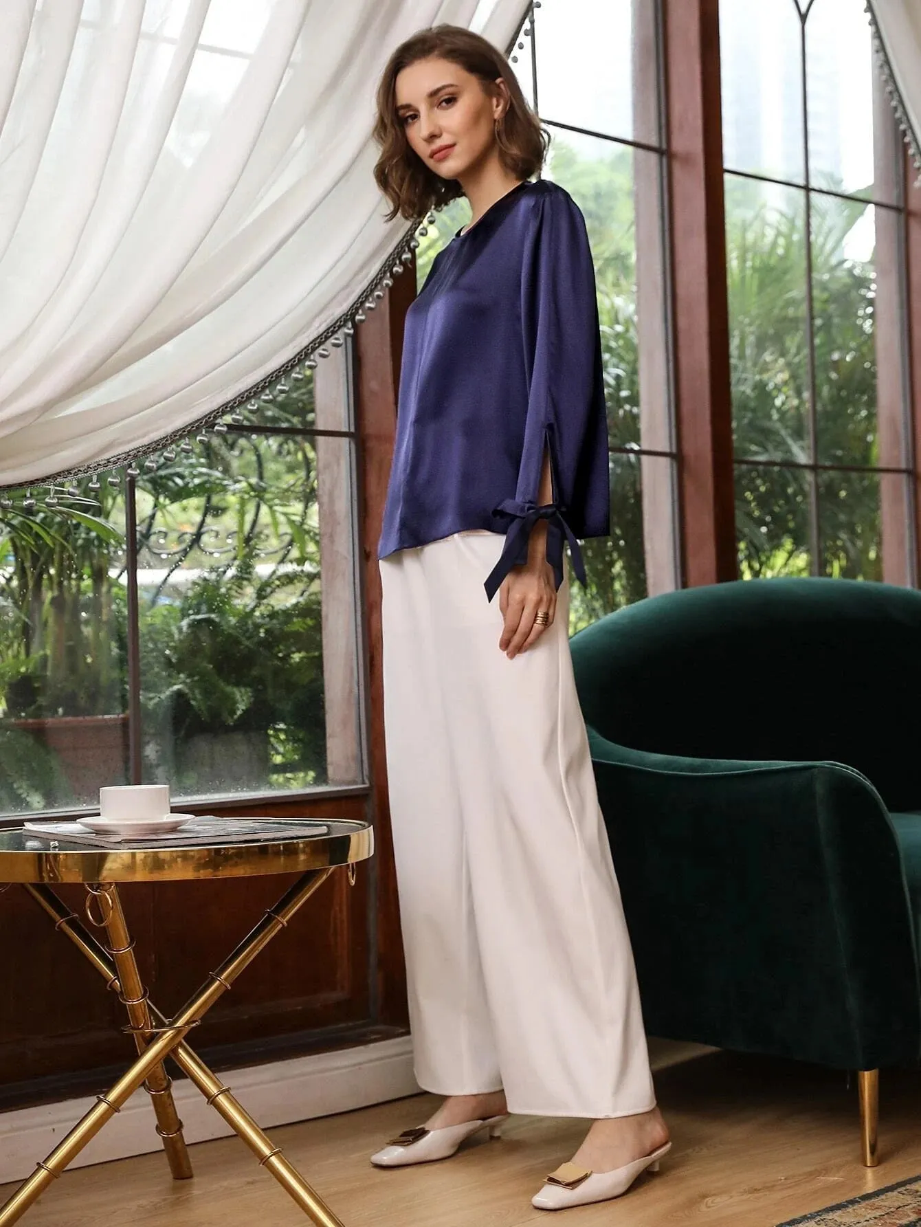Comfortable 100% Silk Slit Sleeve Top Silk Straight Fit Top Silk Blouse for Women