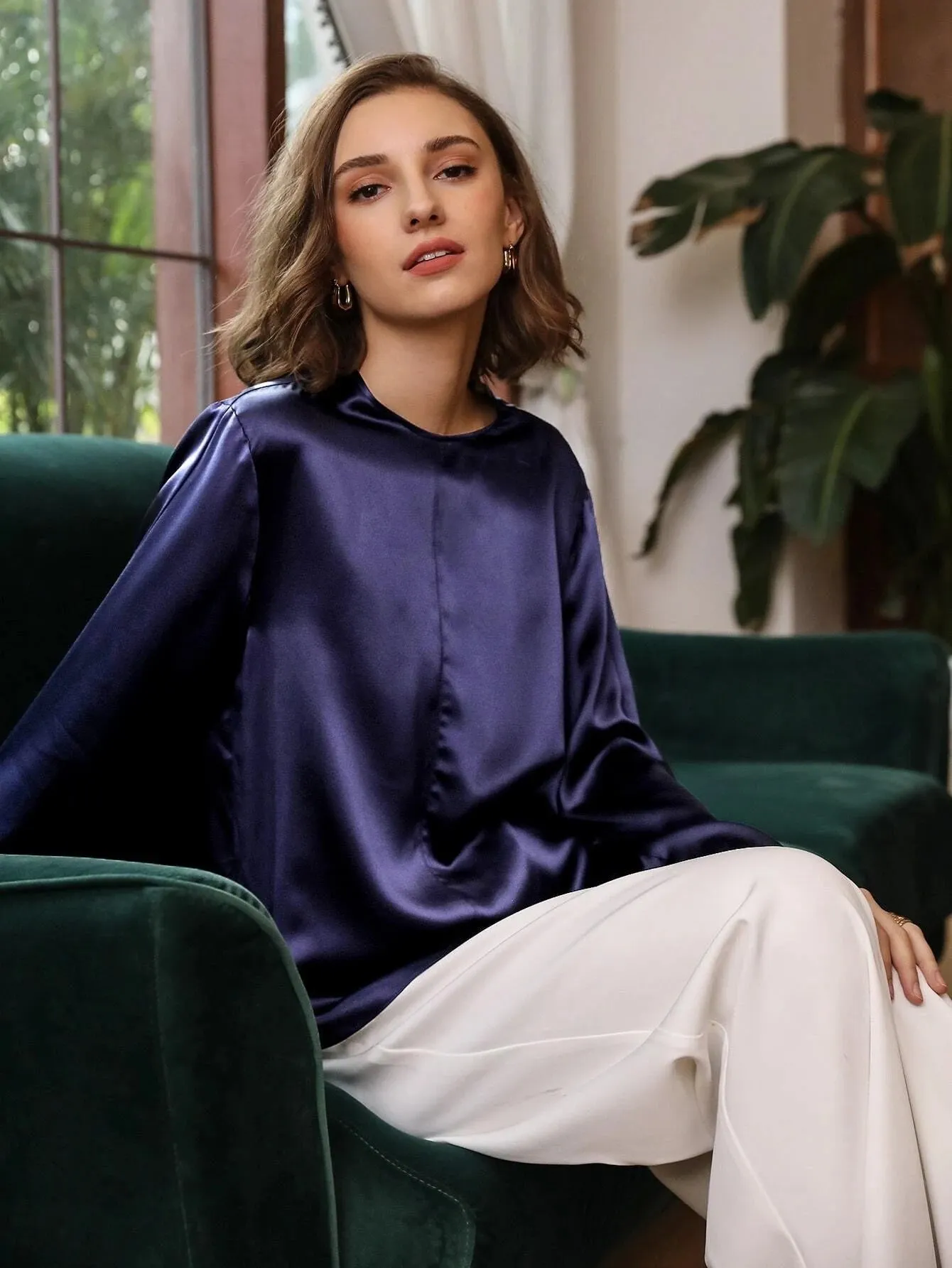 Comfortable 100% Silk Slit Sleeve Top Silk Straight Fit Top Silk Blouse for Women