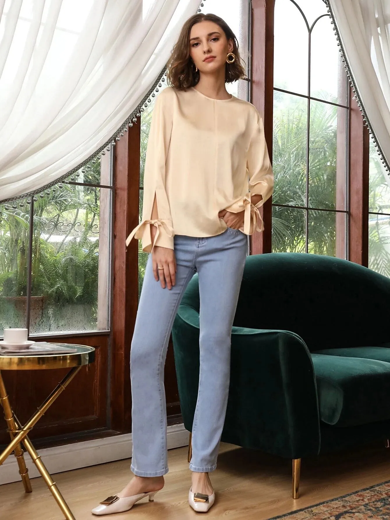 Comfortable 100% Silk Slit Sleeve Top Silk Straight Fit Top Silk Blouse for Women