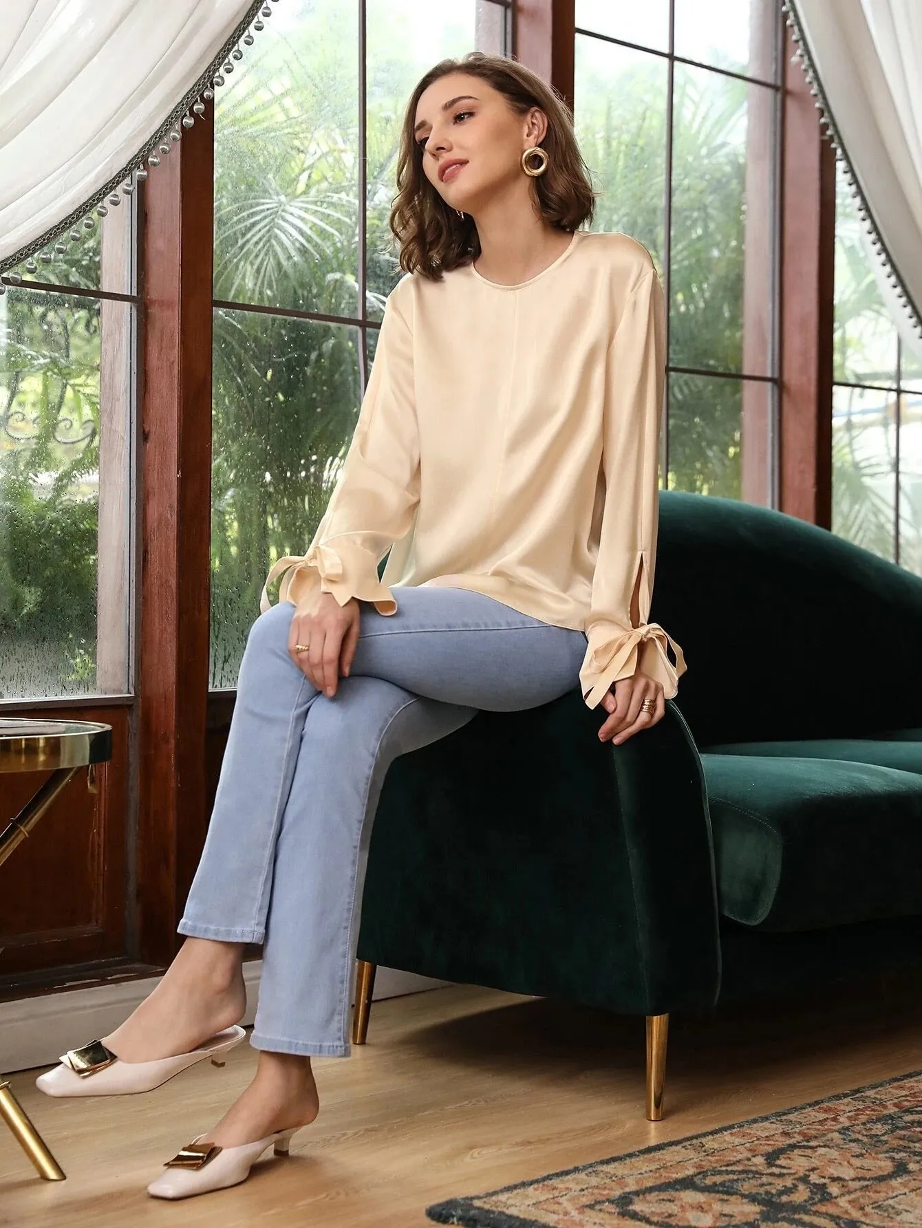 Comfortable 100% Silk Slit Sleeve Top Silk Straight Fit Top Silk Blouse for Women