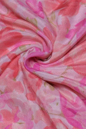 (Cut Piece 0.60 Mtr) Pink Flower Print Fancy Chiffon Fabric