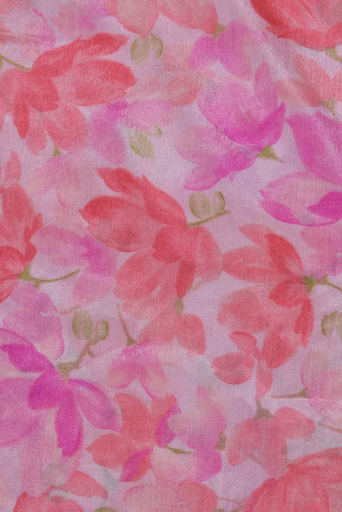 (Cut Piece 0.60 Mtr) Pink Flower Print Fancy Chiffon Fabric