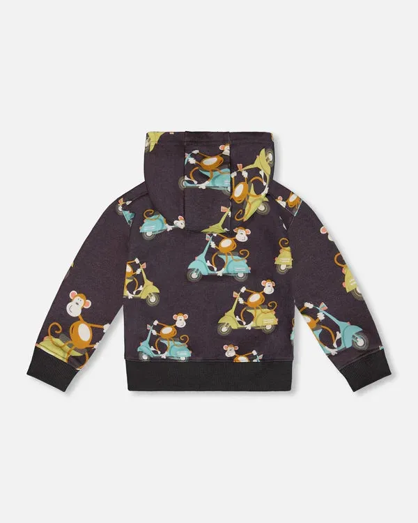 Deux Par Deux Baby Boy  Full Zip French terry Hooded Cardigan   G30S30   Printed Monkey