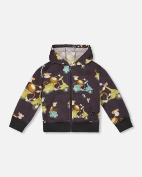 Deux Par Deux Baby Boy  Full Zip French terry Hooded Cardigan   G30S30   Printed Monkey