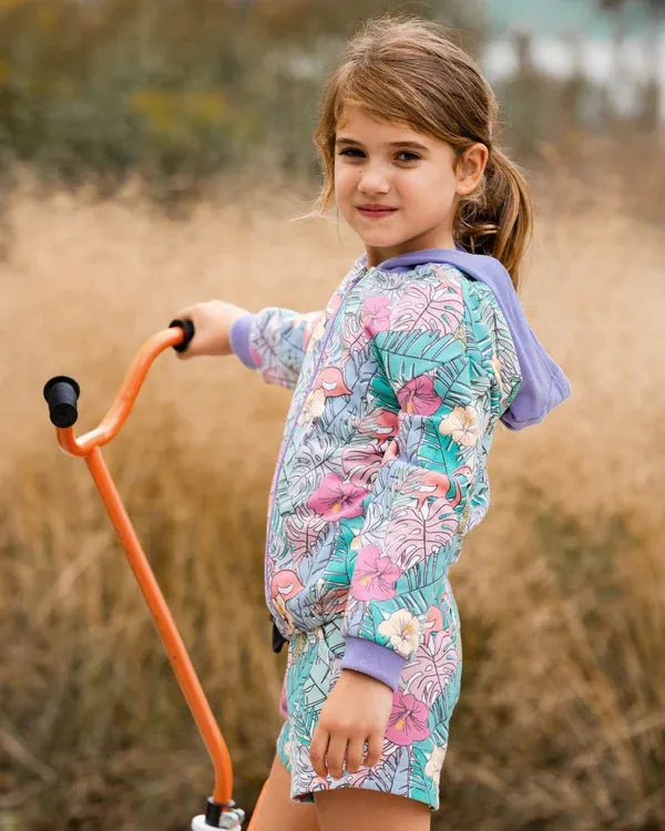 Deux Par Deux Girls French Terry Hooded Cardigan   G30H30   Printed Flamingo