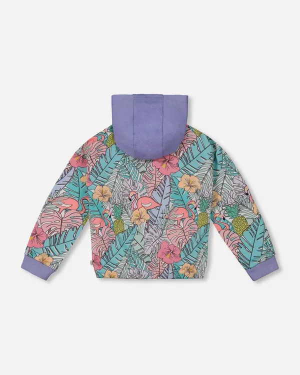 Deux Par Deux Girls French Terry Hooded Cardigan   G30H30   Printed Flamingo
