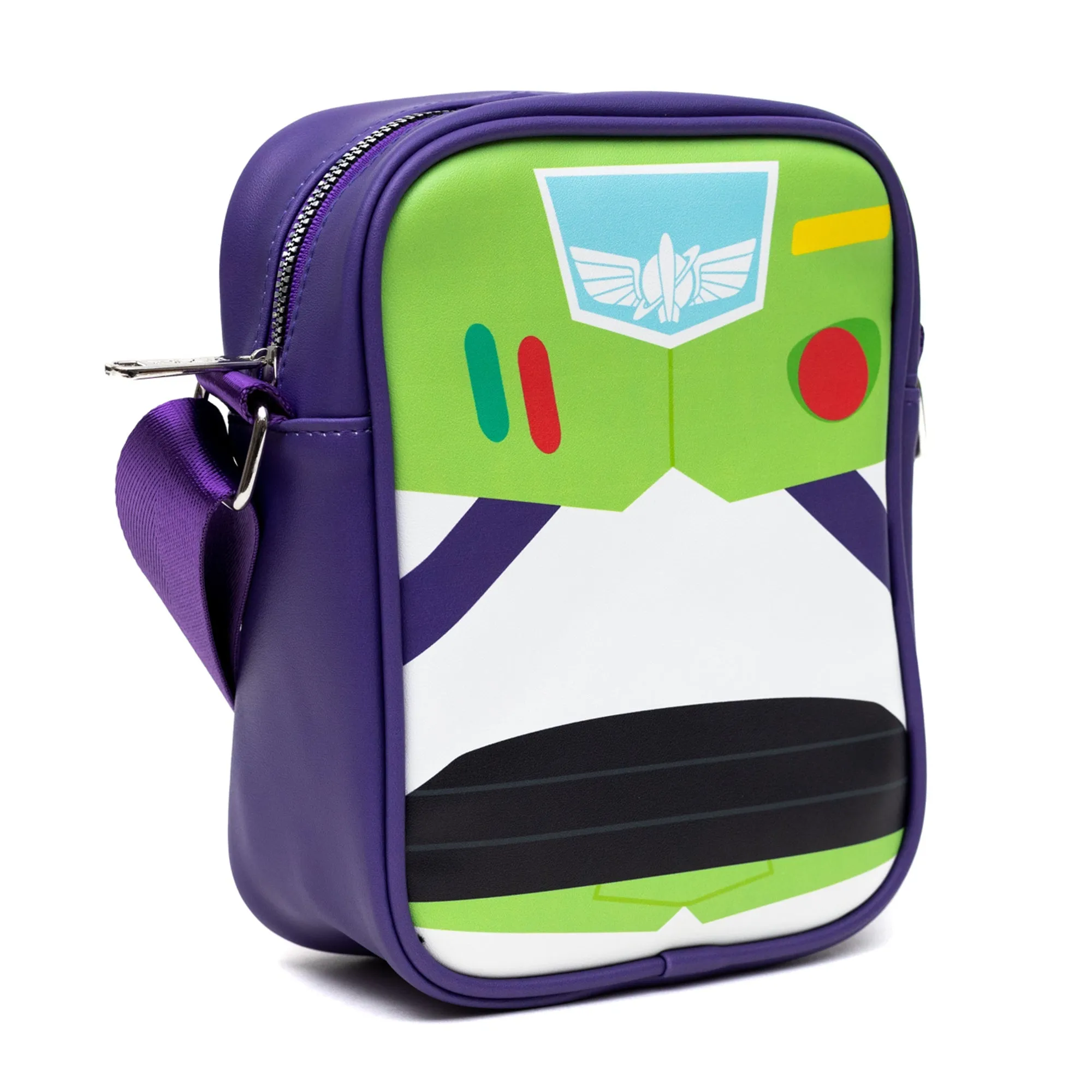Disney Vegan Leather Cross Body Backpack for Men and Women with Adjustable Strap, Toy Story Buzz Lightyear Character Close Up Purple