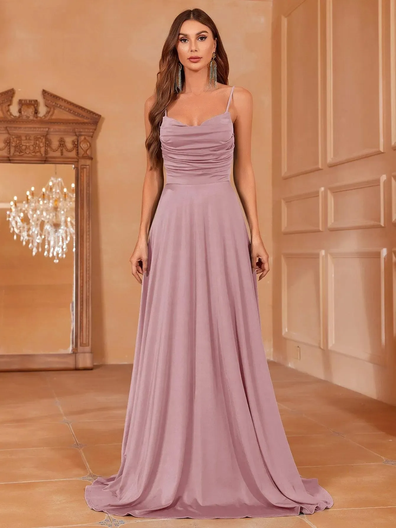 Elegant Ruched Draped Collar Cami Bridesmaid Dress