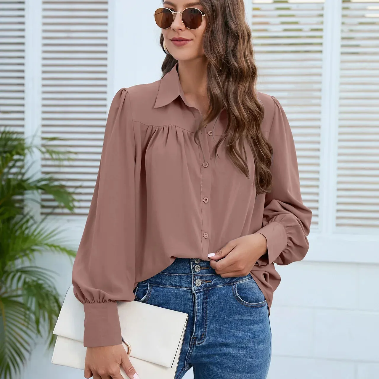 Elegant White Chiffon Ruched Long Sleeve Blouse for Office Lady