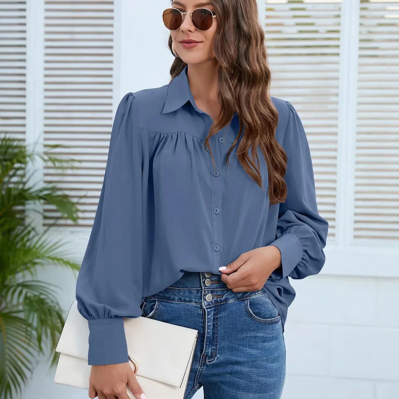 Elegant White Chiffon Ruched Long Sleeve Blouse for Office Lady