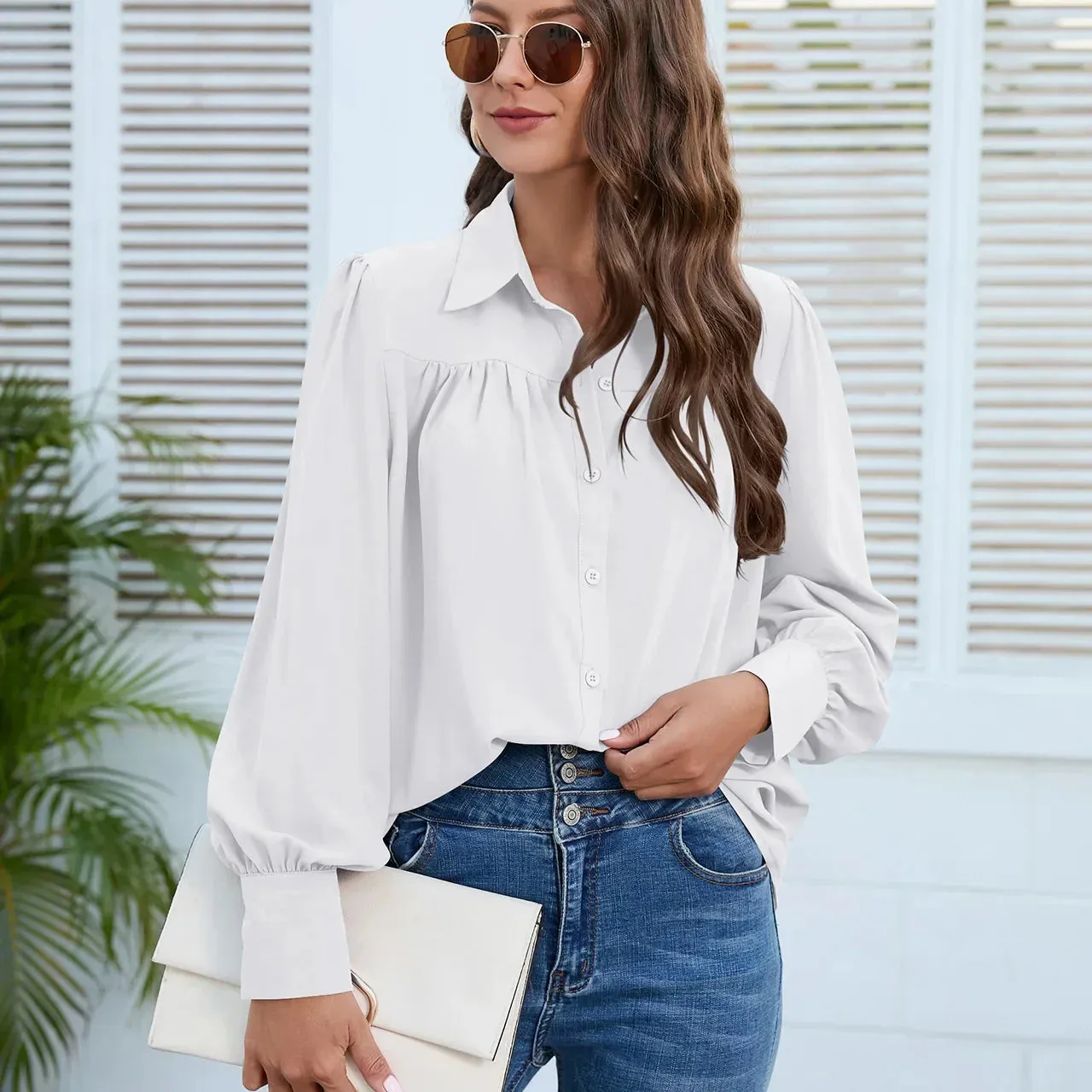 Elegant White Chiffon Ruched Long Sleeve Blouse for Office Lady