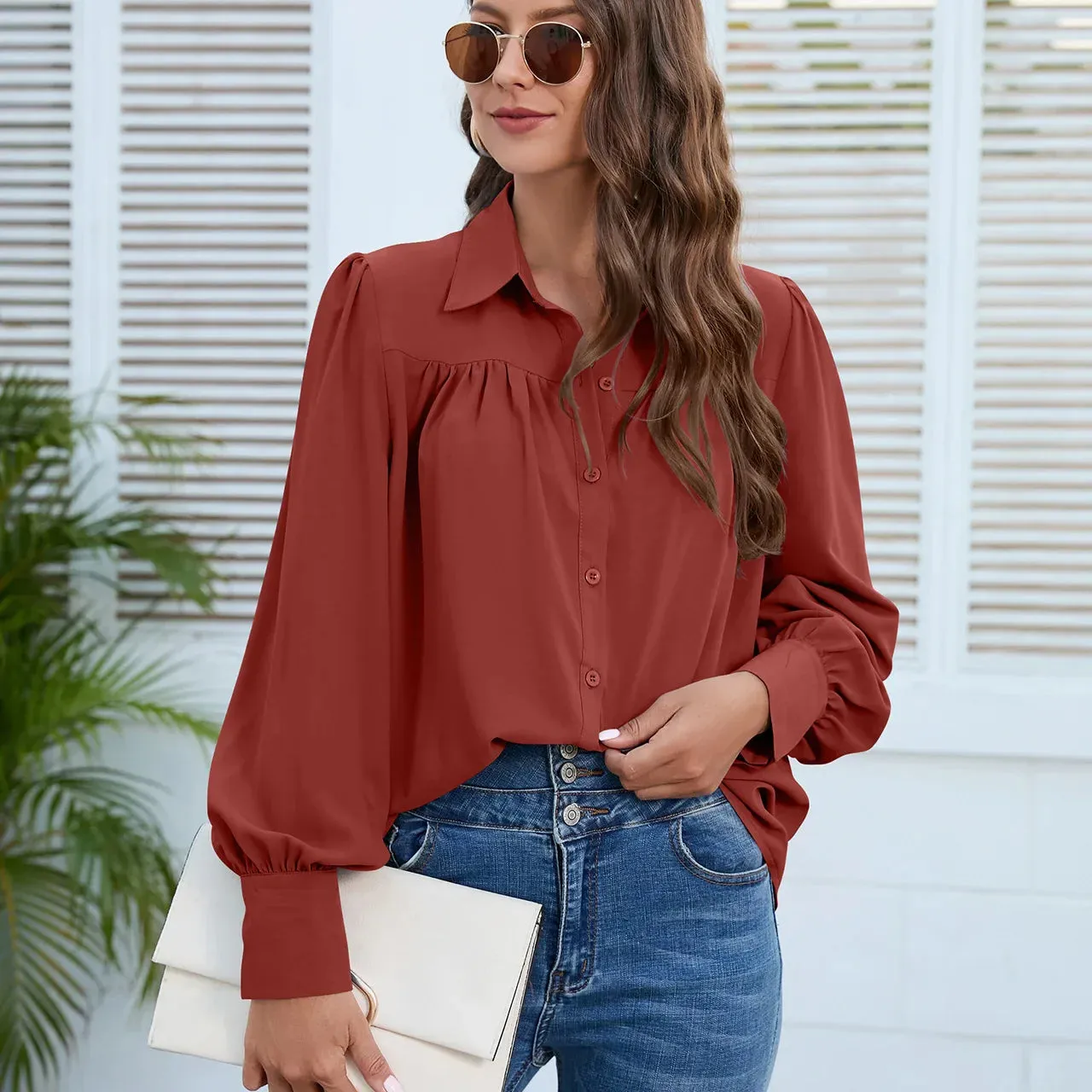 Elegant White Chiffon Ruched Long Sleeve Blouse for Office Lady