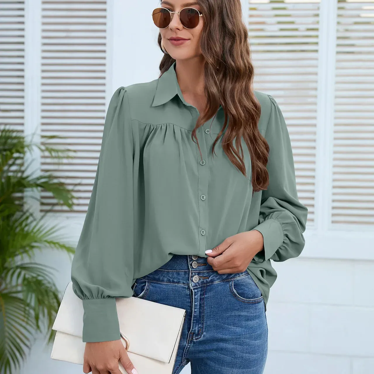 Elegant White Chiffon Ruched Long Sleeve Blouse for Office Lady
