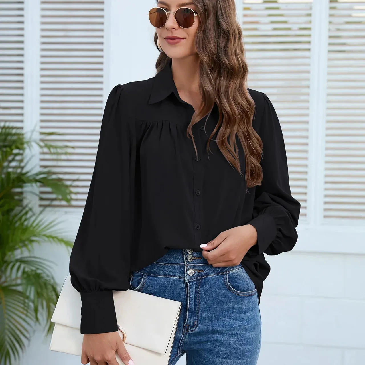 Elegant White Chiffon Ruched Long Sleeve Blouse for Office Lady