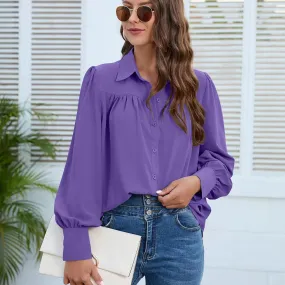 Elegant White Chiffon Ruched Long Sleeve Blouse for Office Lady