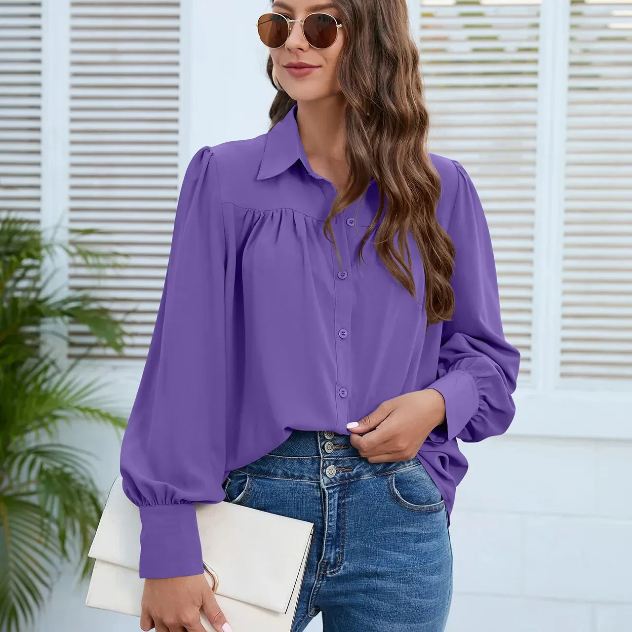 Elegant White Chiffon Ruched Long Sleeve Blouse for Office Lady