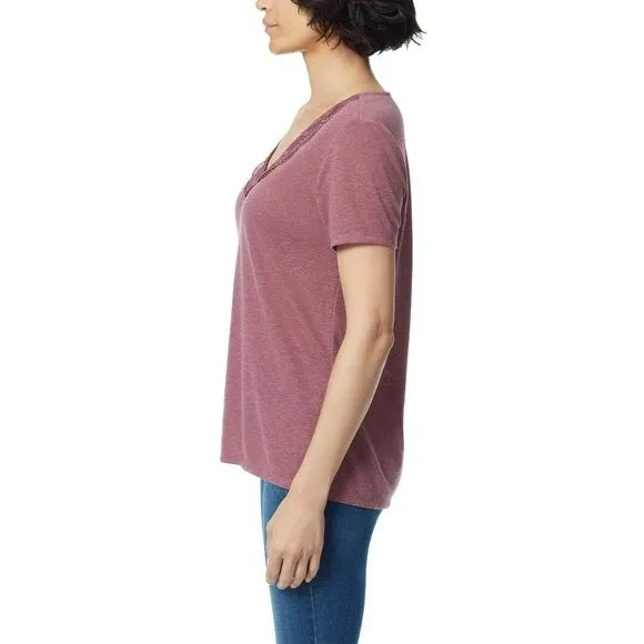 Ella Moss Women's Super Soft Lightweight V-Neck Lace T-Shirt Top