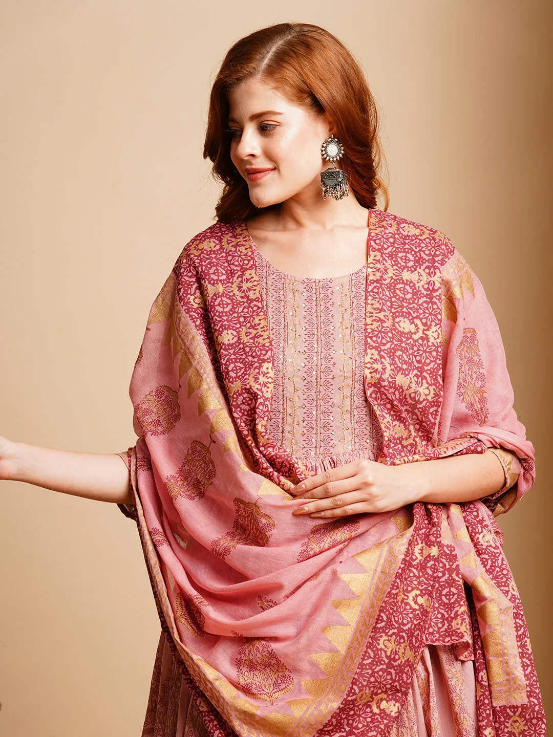 Ethnic Foil Printed & Embroidered A-Line Pleated Layered Maxi Dress with Dupatta - Rose Gold