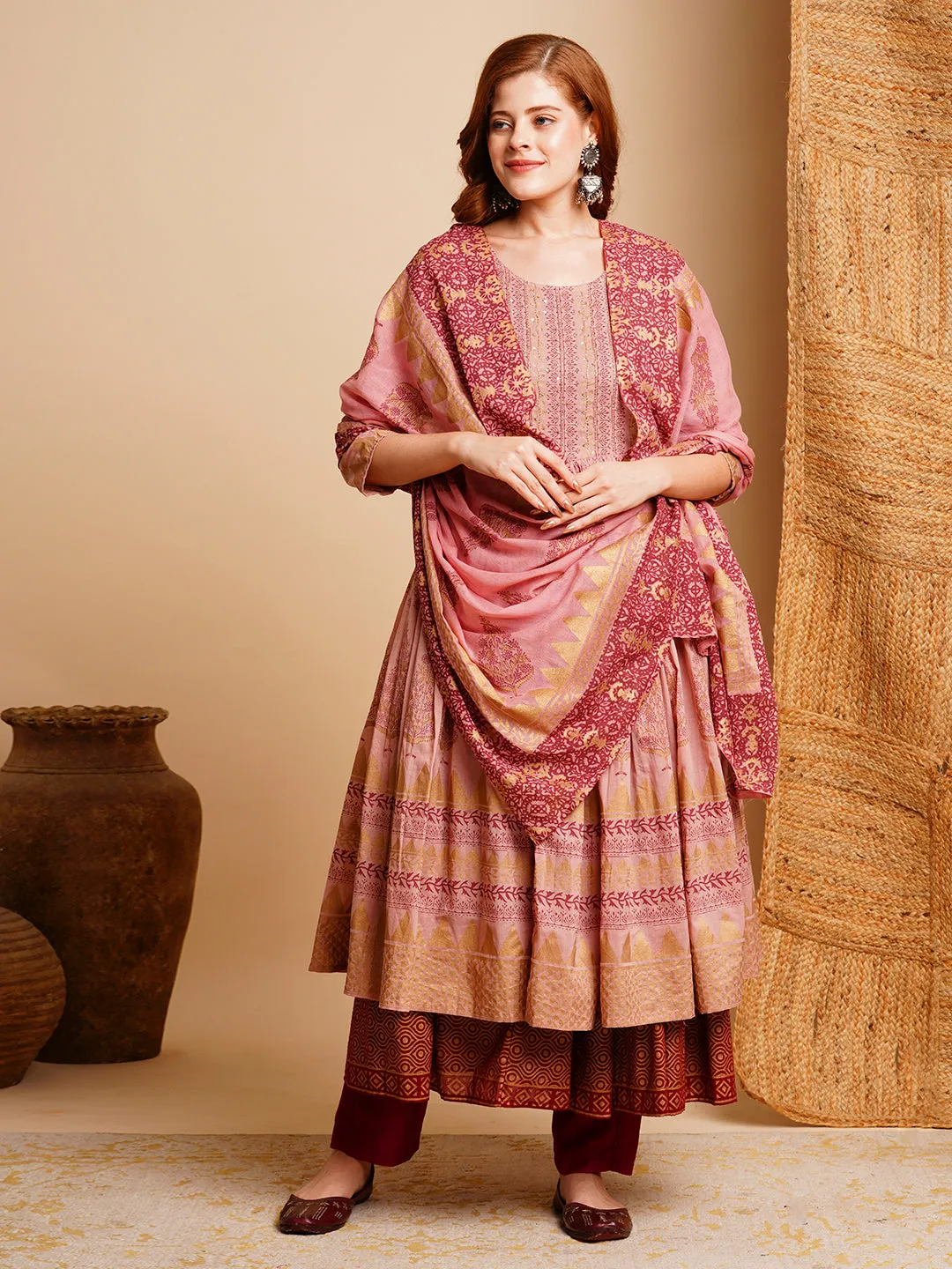 Ethnic Foil Printed & Embroidered A-Line Pleated Layered Maxi Dress with Dupatta - Rose Gold