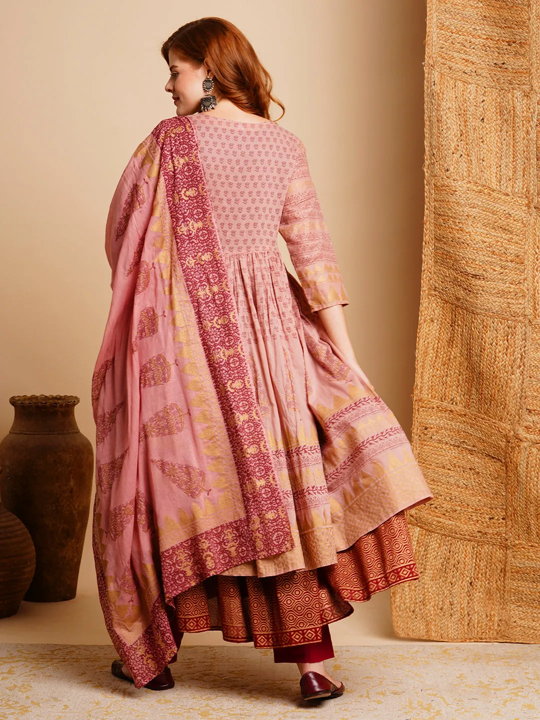 Ethnic Foil Printed & Embroidered A-Line Pleated Layered Maxi Dress with Dupatta - Rose Gold