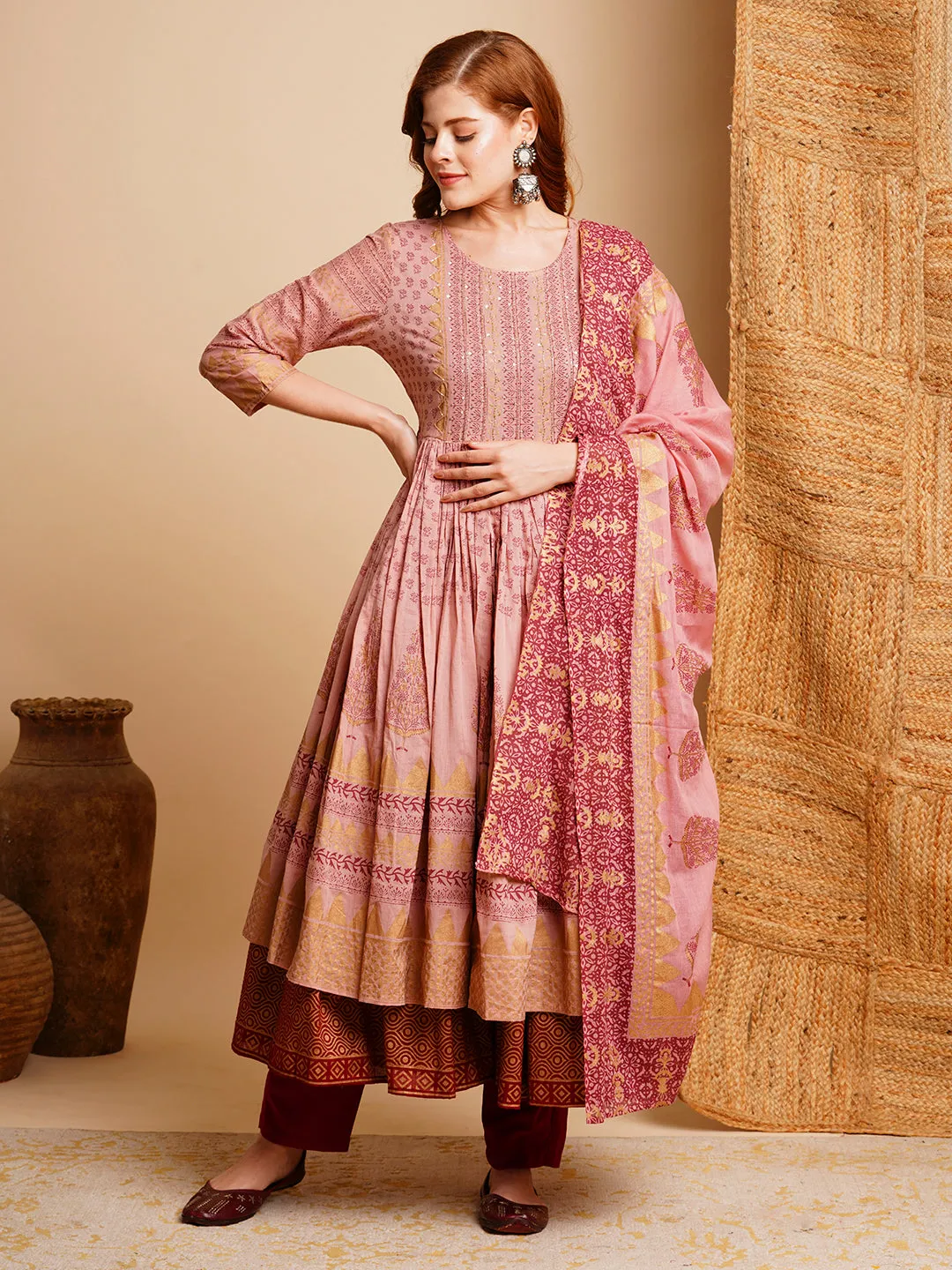 Ethnic Foil Printed & Embroidered A-Line Pleated Layered Maxi Dress with Dupatta - Rose Gold