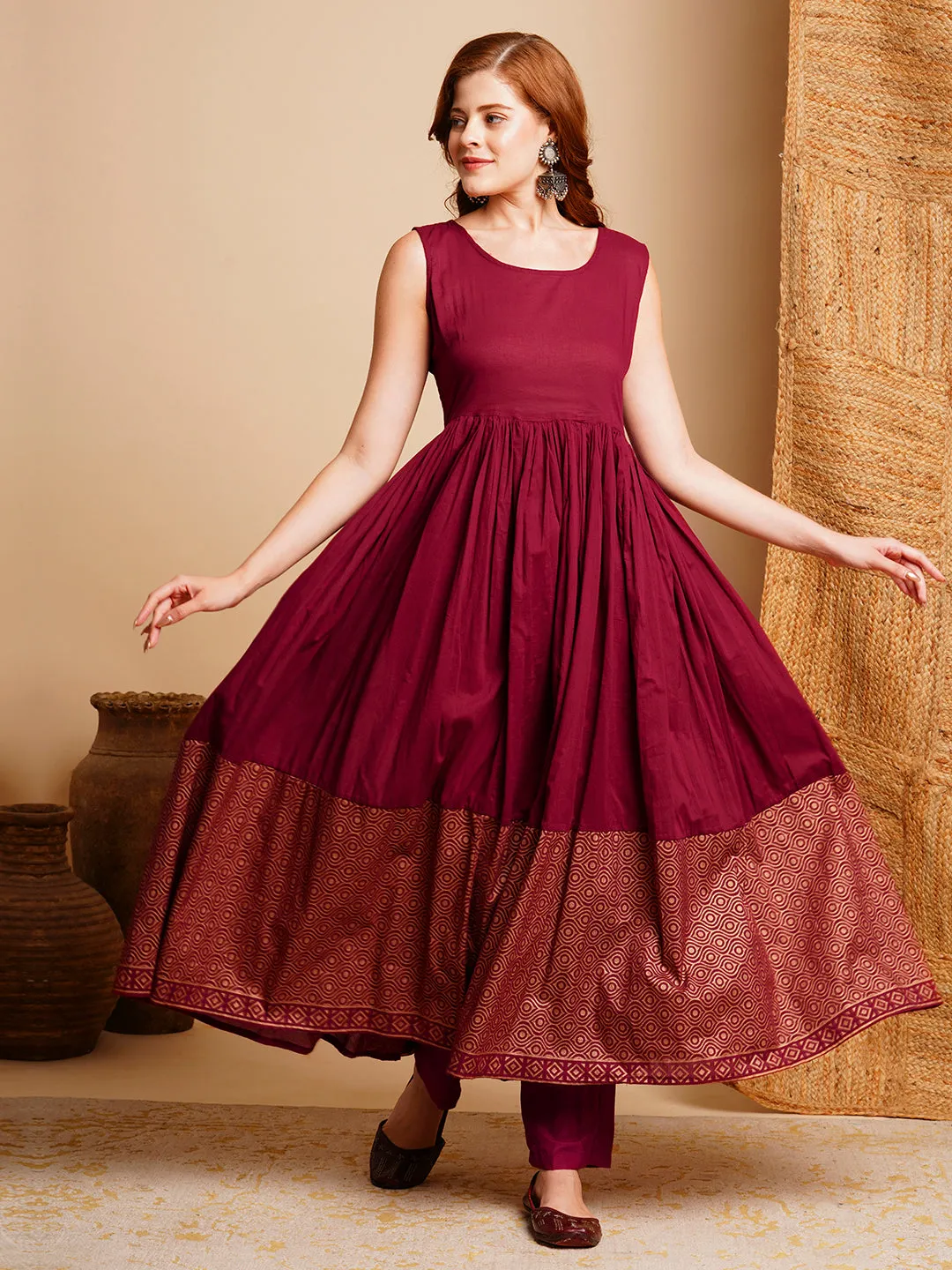 Ethnic Foil Printed & Embroidered A-Line Pleated Layered Maxi Dress with Dupatta - Rose Gold