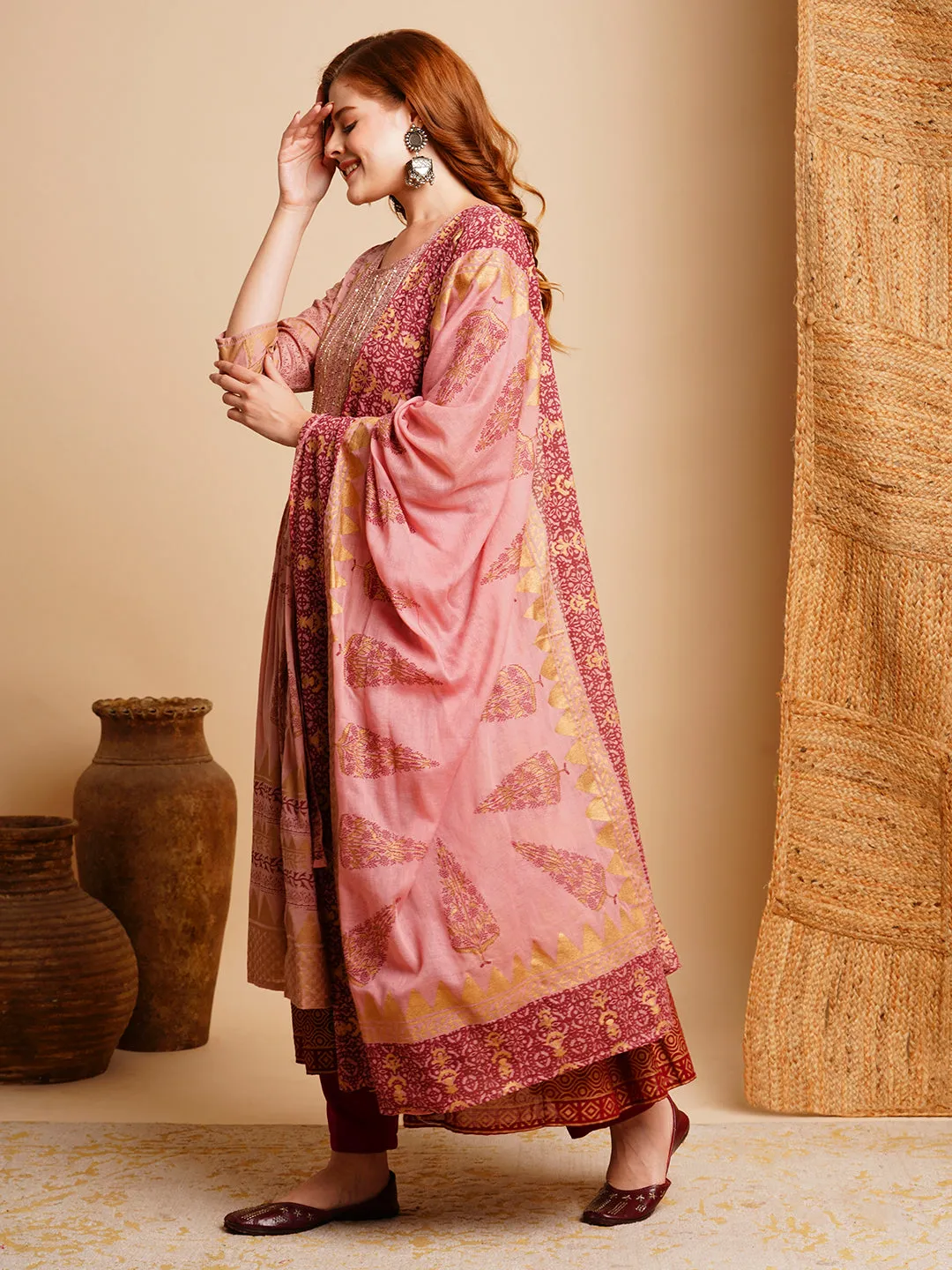 Ethnic Foil Printed & Embroidered A-Line Pleated Layered Maxi Dress with Dupatta - Rose Gold