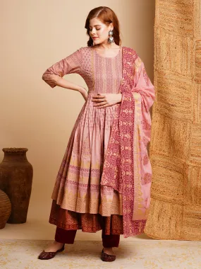 Ethnic Foil Printed & Embroidered A-Line Pleated Layered Maxi Dress with Dupatta - Rose Gold