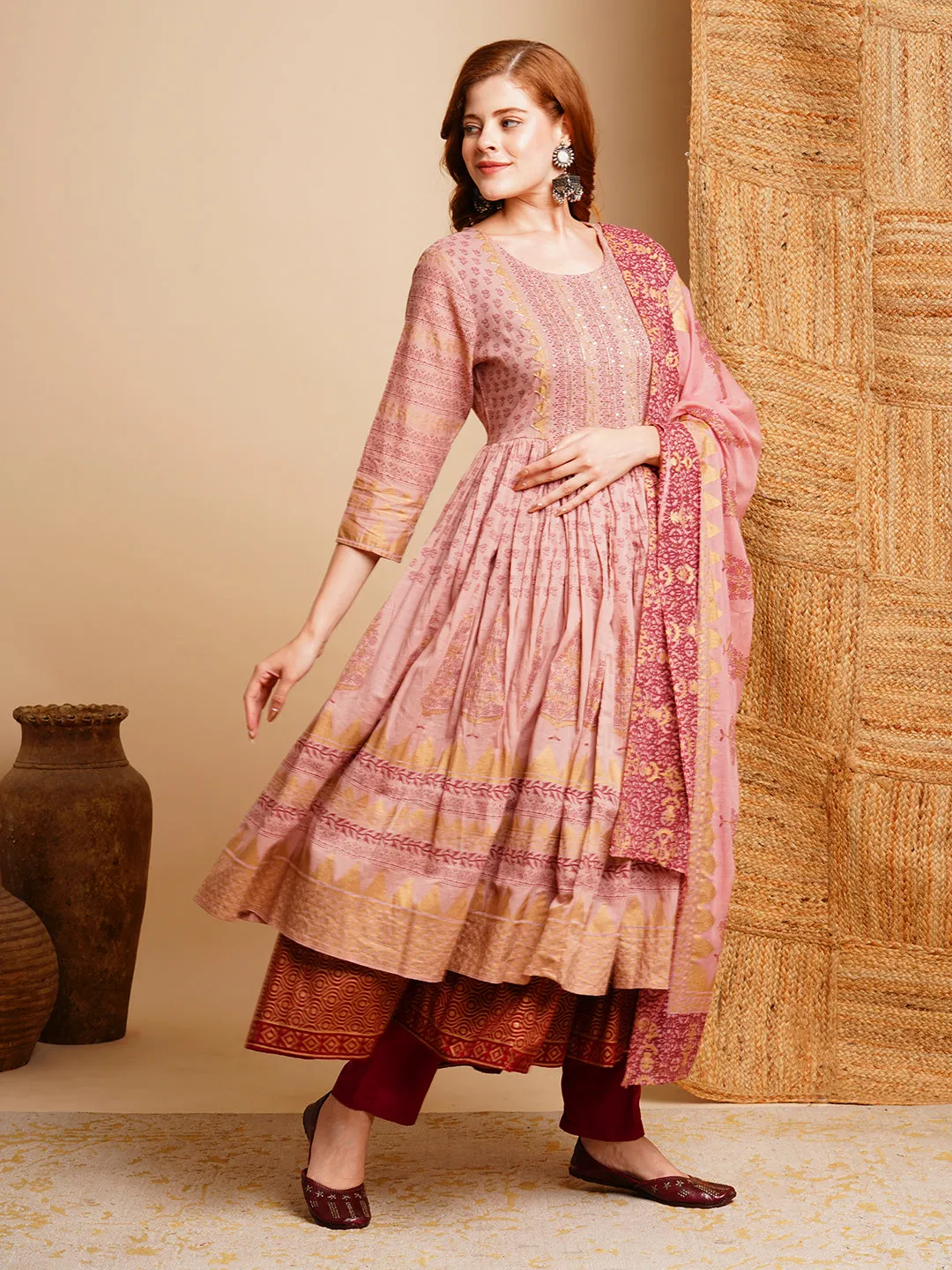Ethnic Foil Printed & Embroidered A-Line Pleated Layered Maxi Dress with Dupatta - Rose Gold