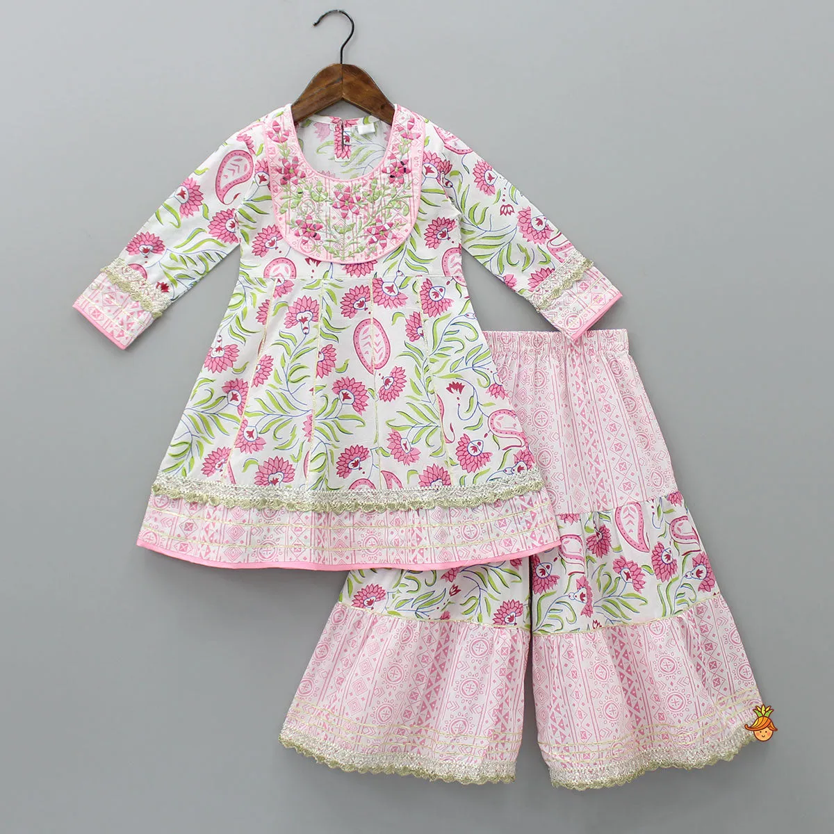 Faux Mirror Work Yoke Printed Kurti And Sharara With Matching Bandhani Pink Dupatta