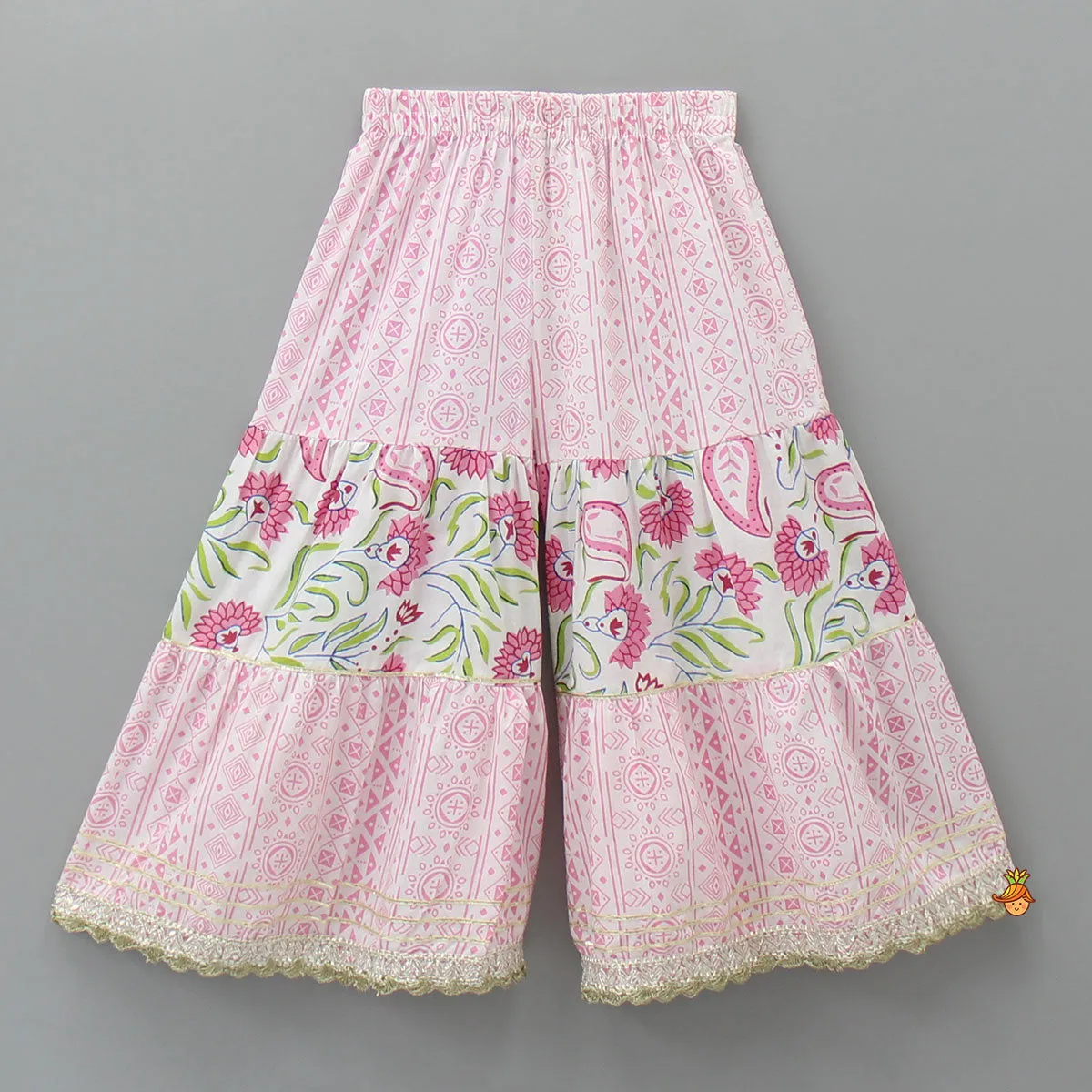 Faux Mirror Work Yoke Printed Kurti And Sharara With Matching Bandhani Pink Dupatta