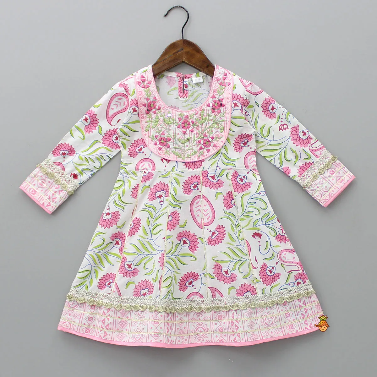 Faux Mirror Work Yoke Printed Kurti And Sharara With Matching Bandhani Pink Dupatta