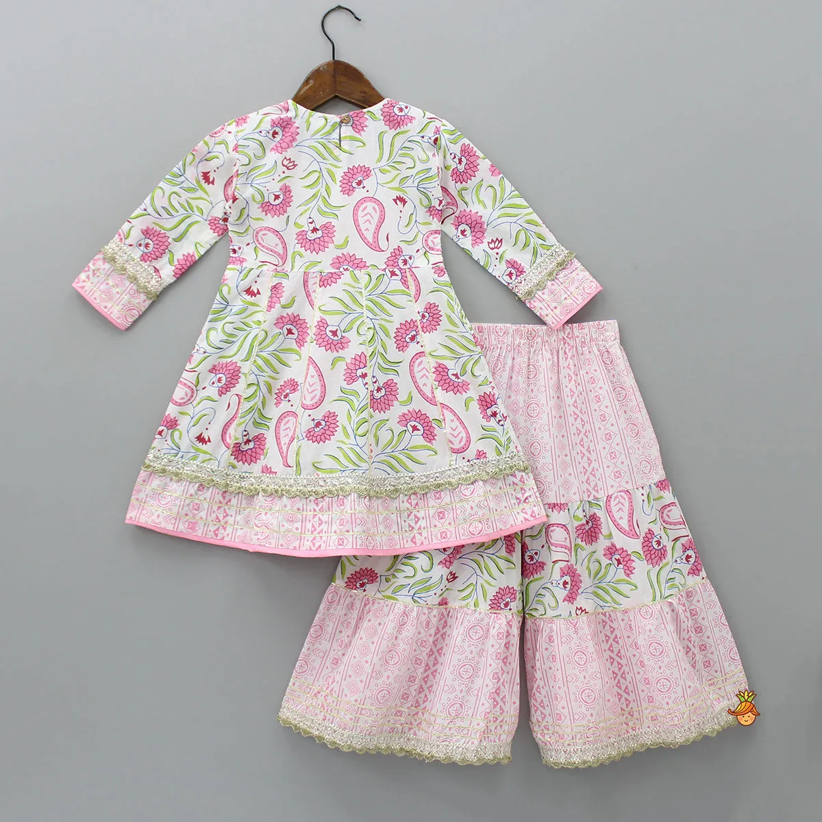 Faux Mirror Work Yoke Printed Kurti And Sharara With Matching Bandhani Pink Dupatta