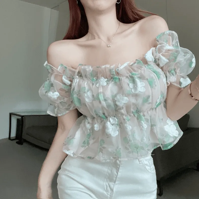 Floral Print Off The Shoulder Chiffon Short T-Shirt