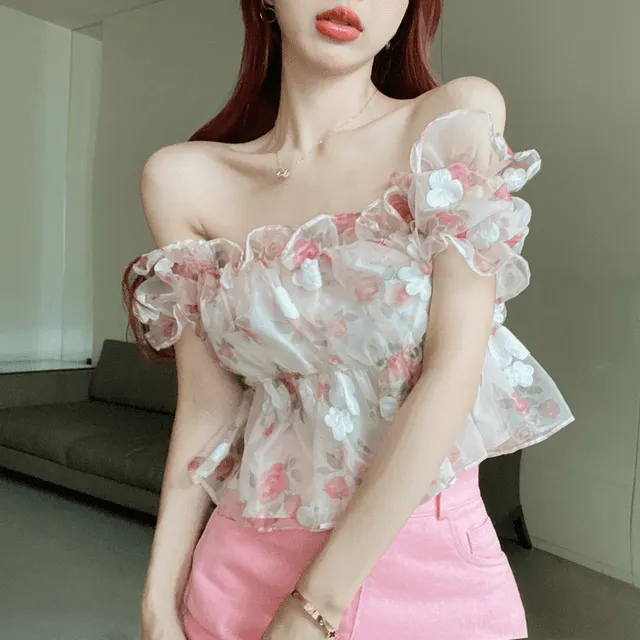 Floral Print Off The Shoulder Chiffon Short T-Shirt