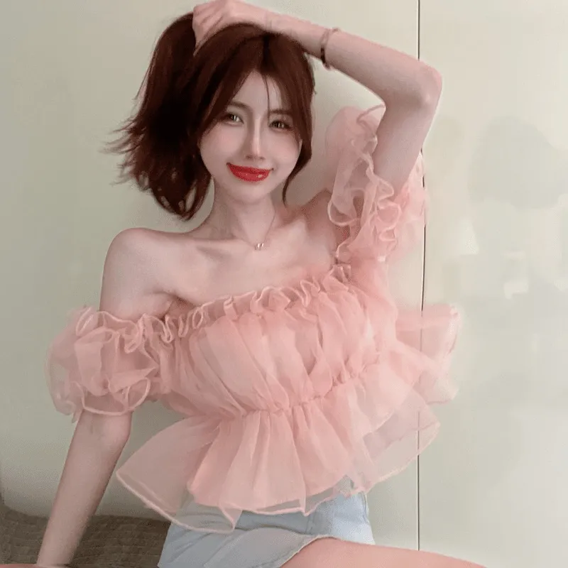 Floral Print Off The Shoulder Chiffon Short T-Shirt