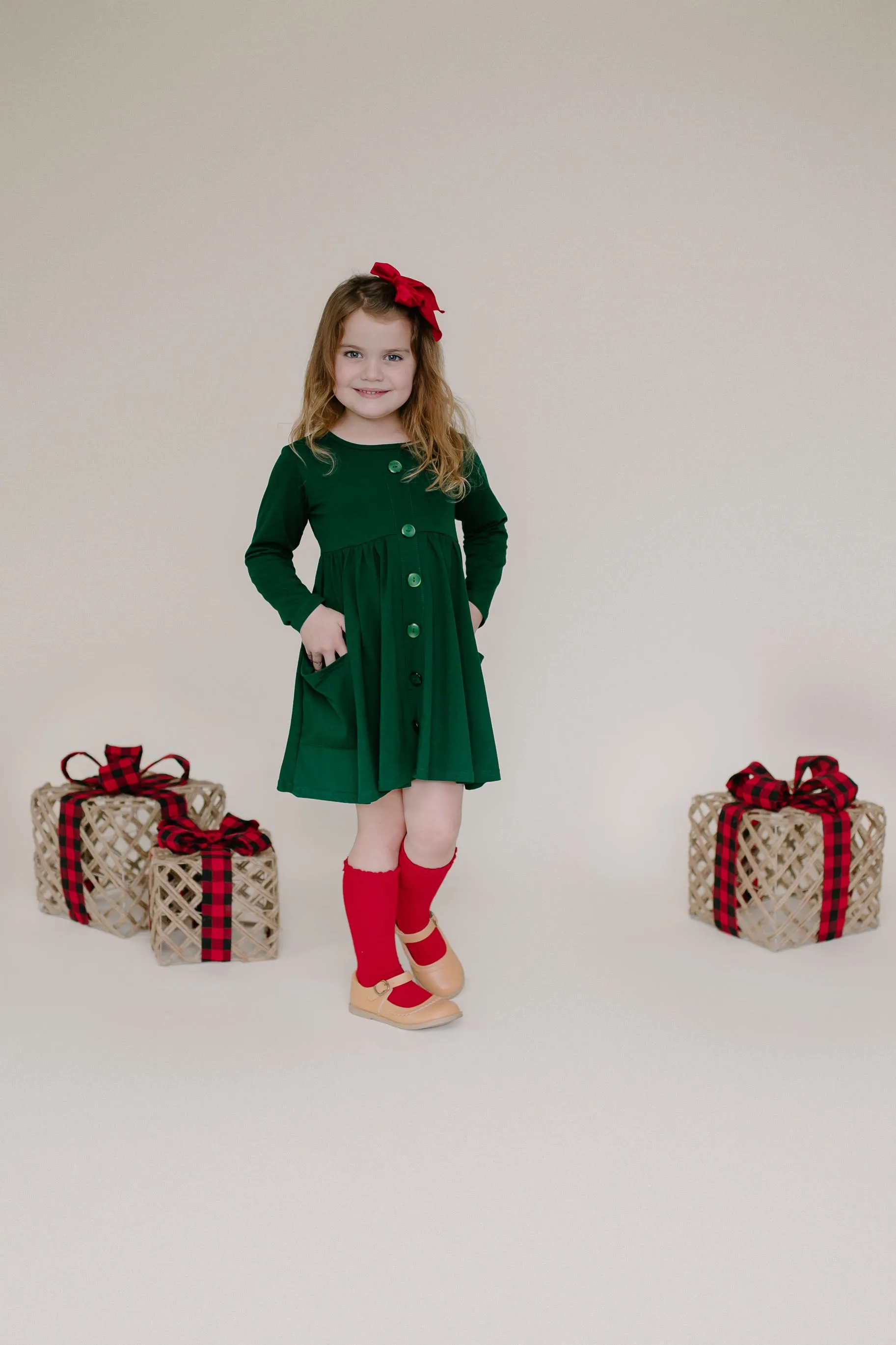 GREEN BUTTONED WITH POCKET TWIRL DRESS