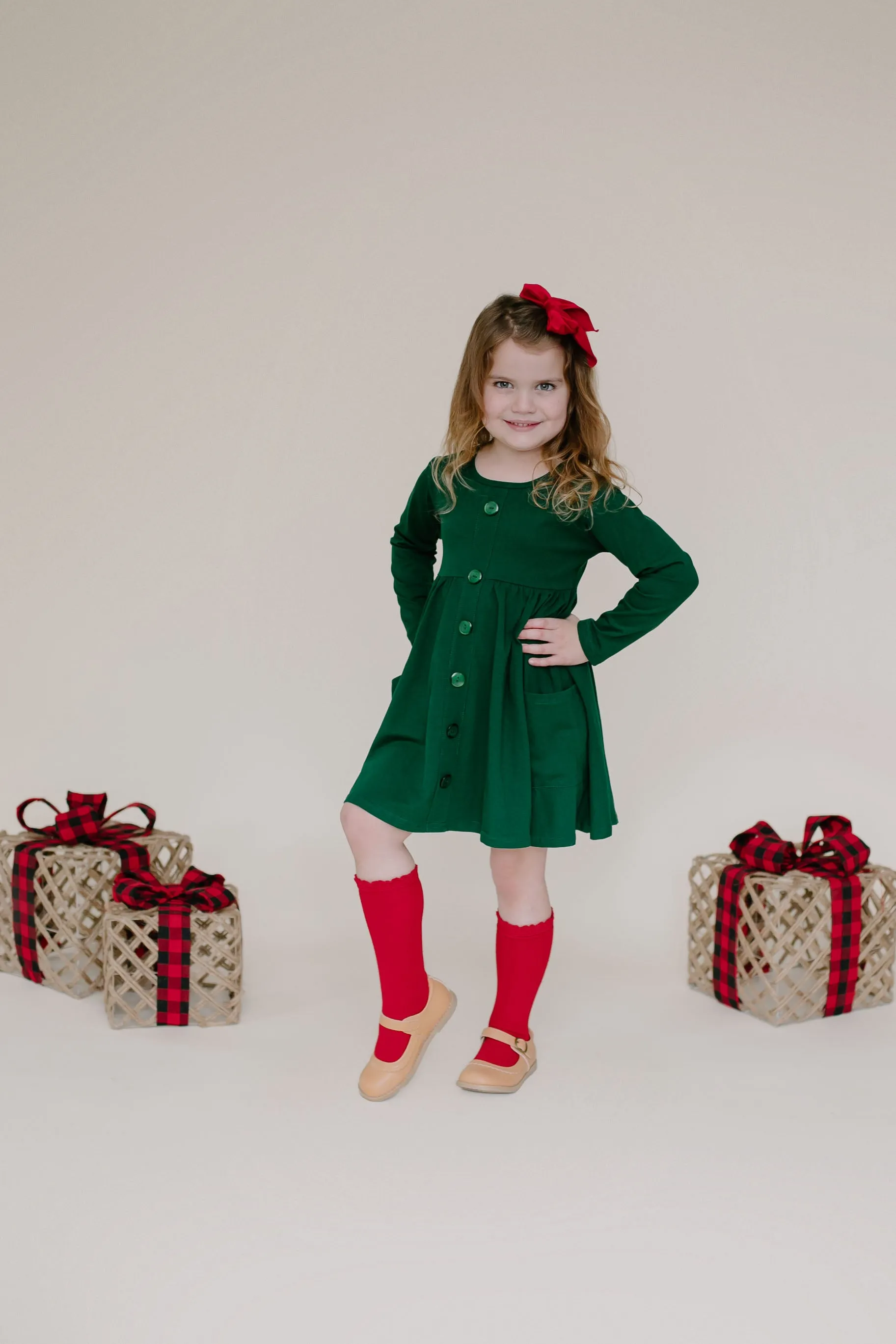 GREEN BUTTONED WITH POCKET TWIRL DRESS