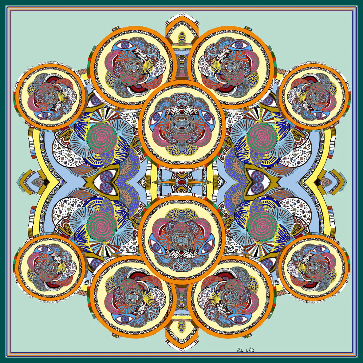 Green Circles, 100% Satin Silk, 100cm Square