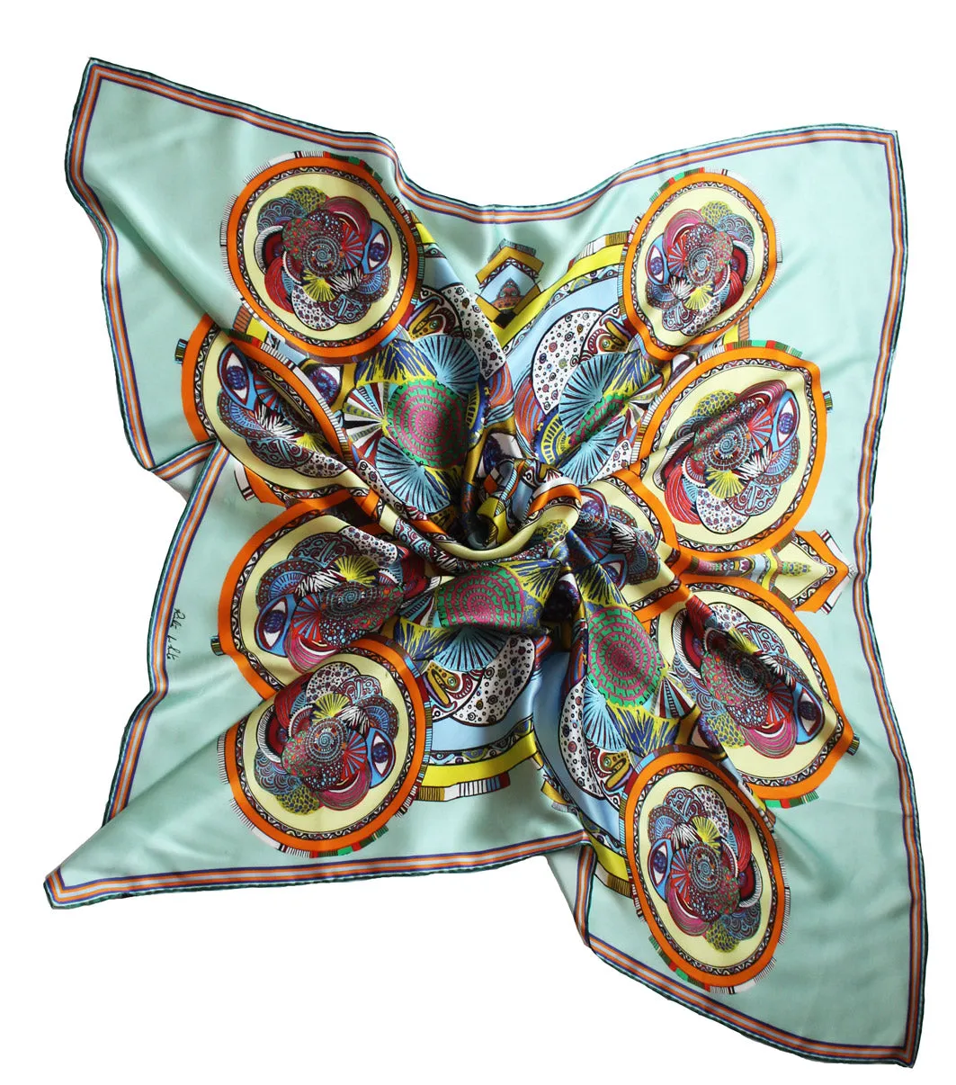 Green Circles, 100% Satin Silk, 100cm Square
