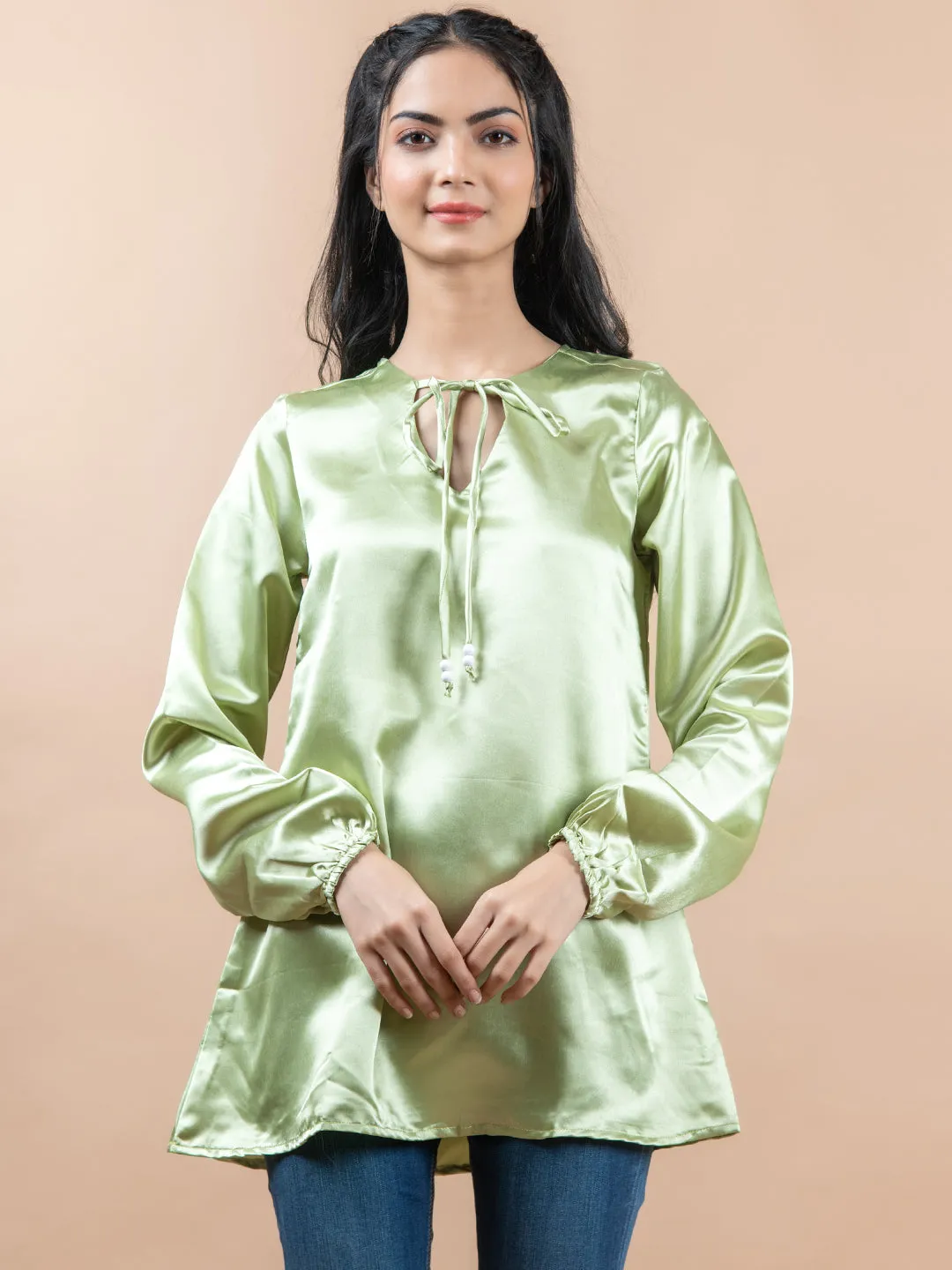 Green Satin Full Sleeves Top