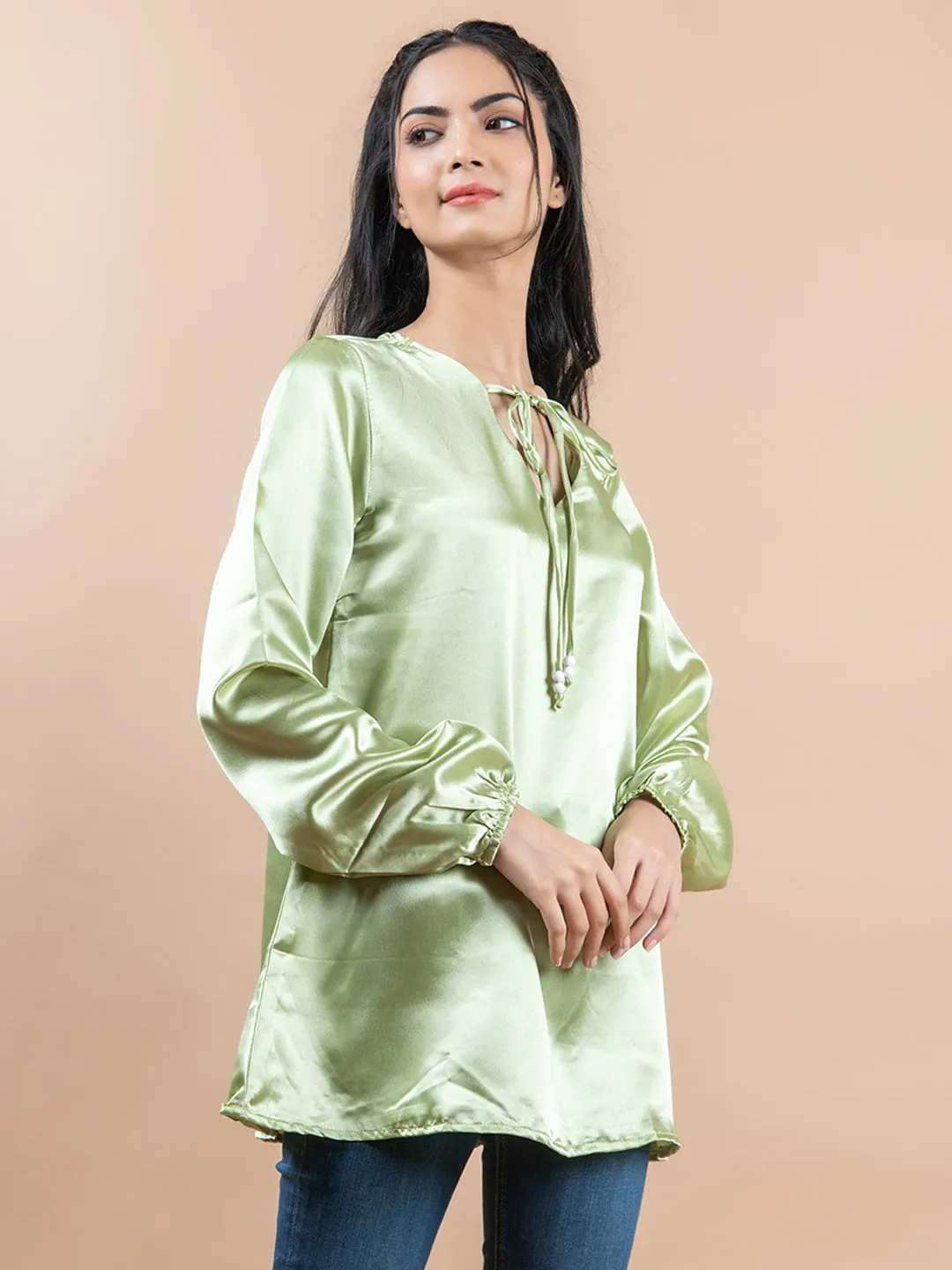 Green Satin Full Sleeves Top