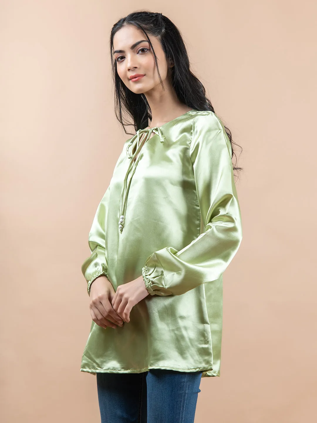 Green Satin Full Sleeves Top