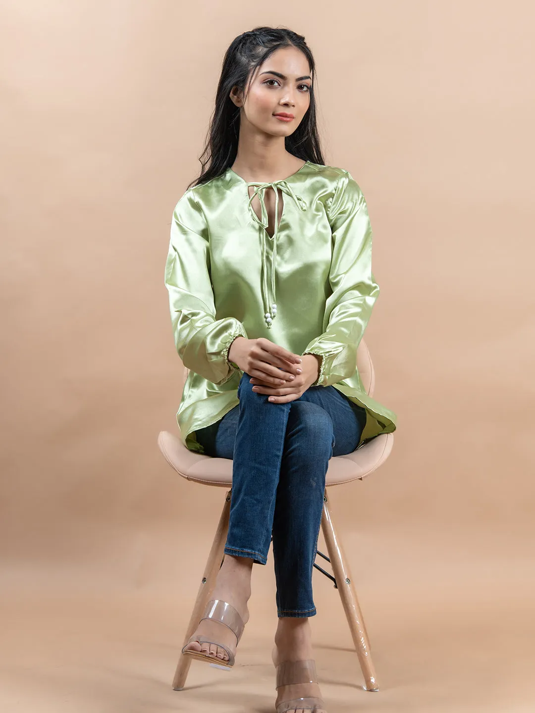 Green Satin Full Sleeves Top