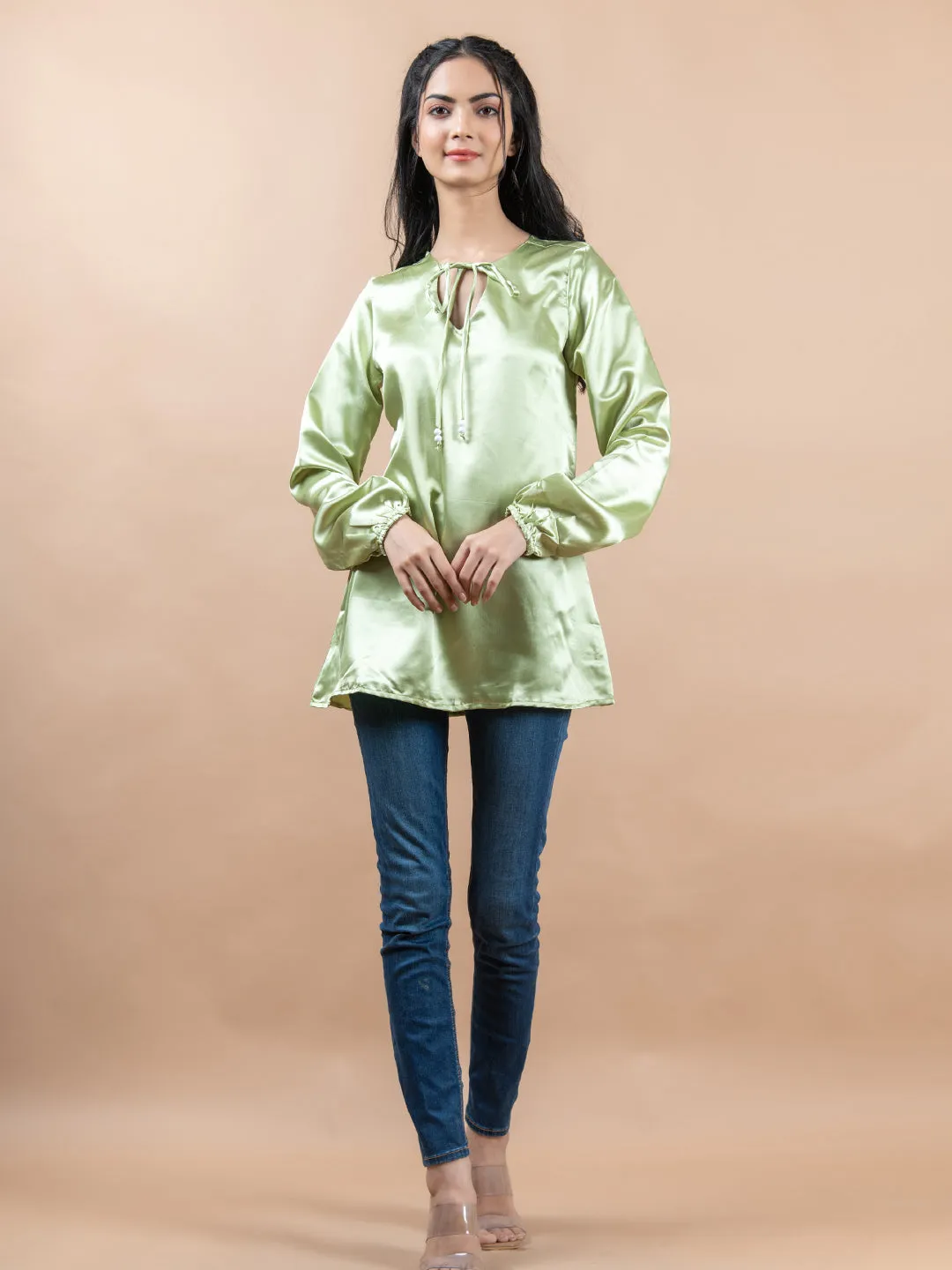 Green Satin Full Sleeves Top