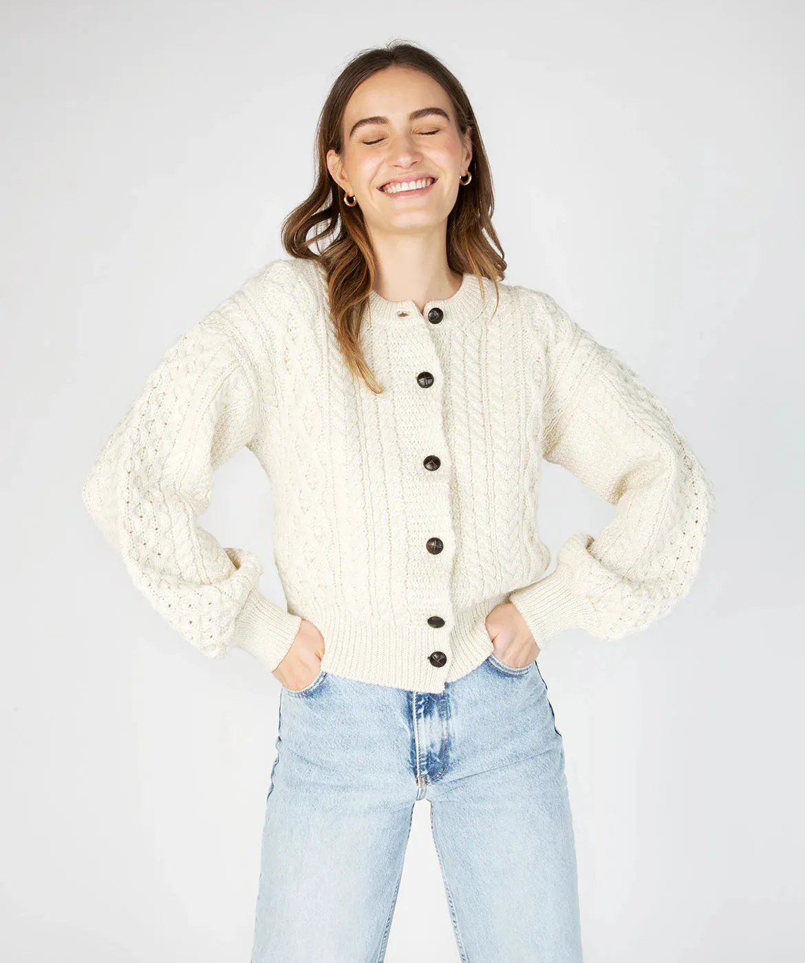 Irelands Eye Clover Cropped Aran Cardigan Cream