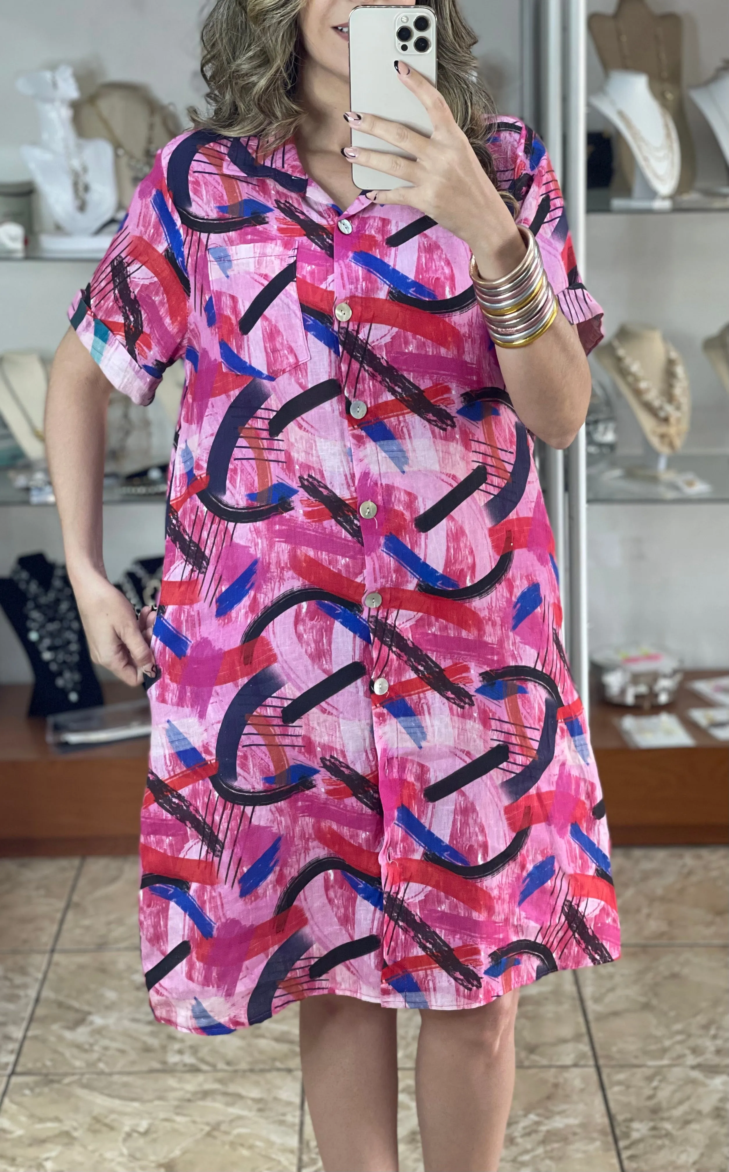 Linen Abstract Print OS Dress