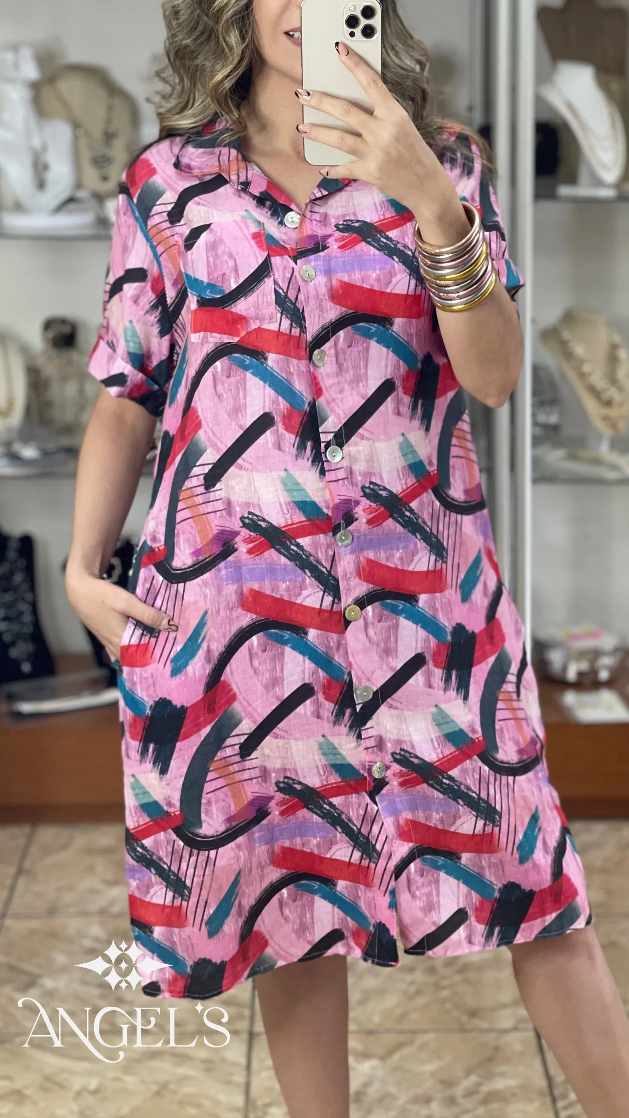 Linen Abstract Print OS Dress