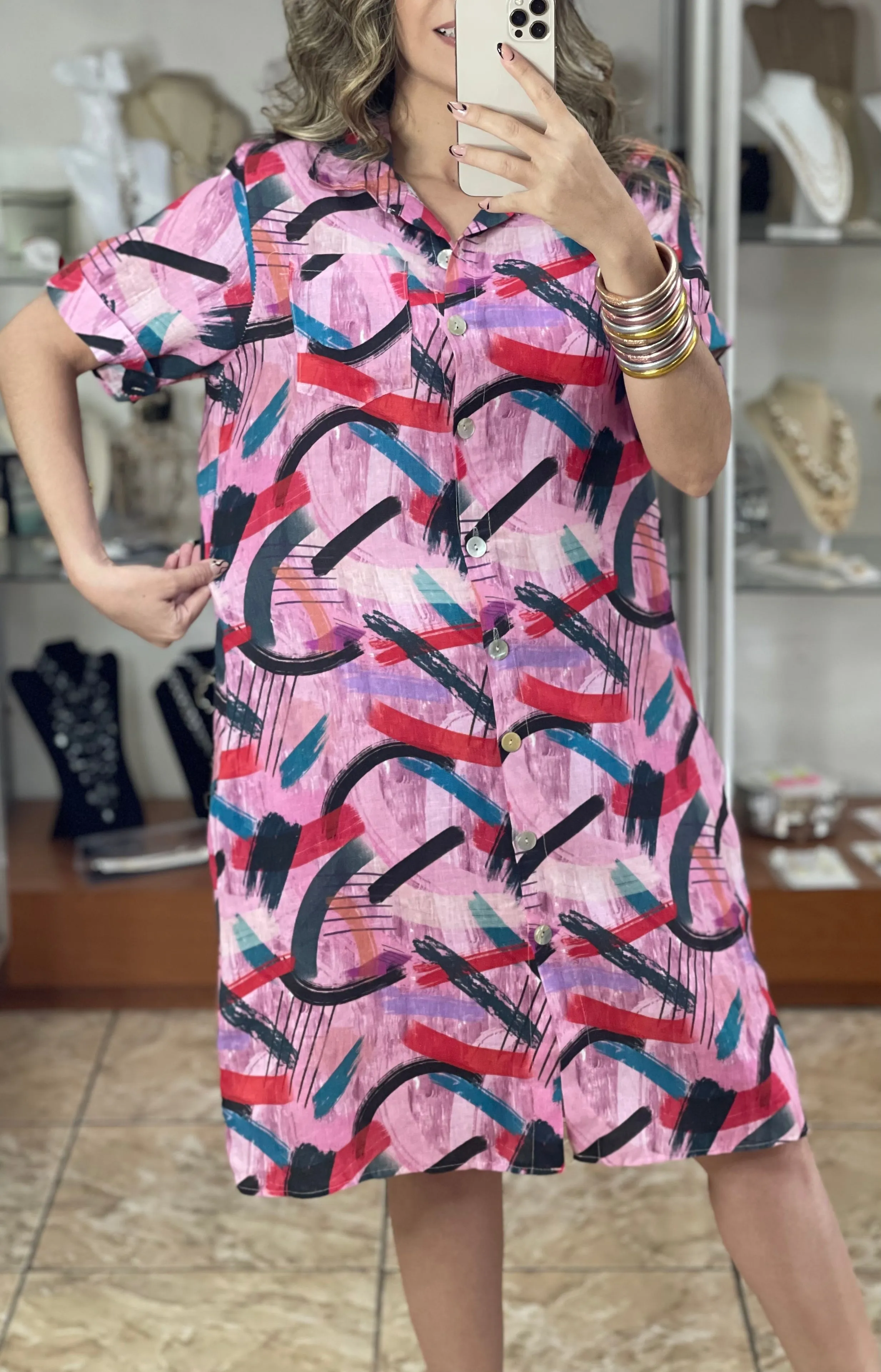 Linen Abstract Print OS Dress
