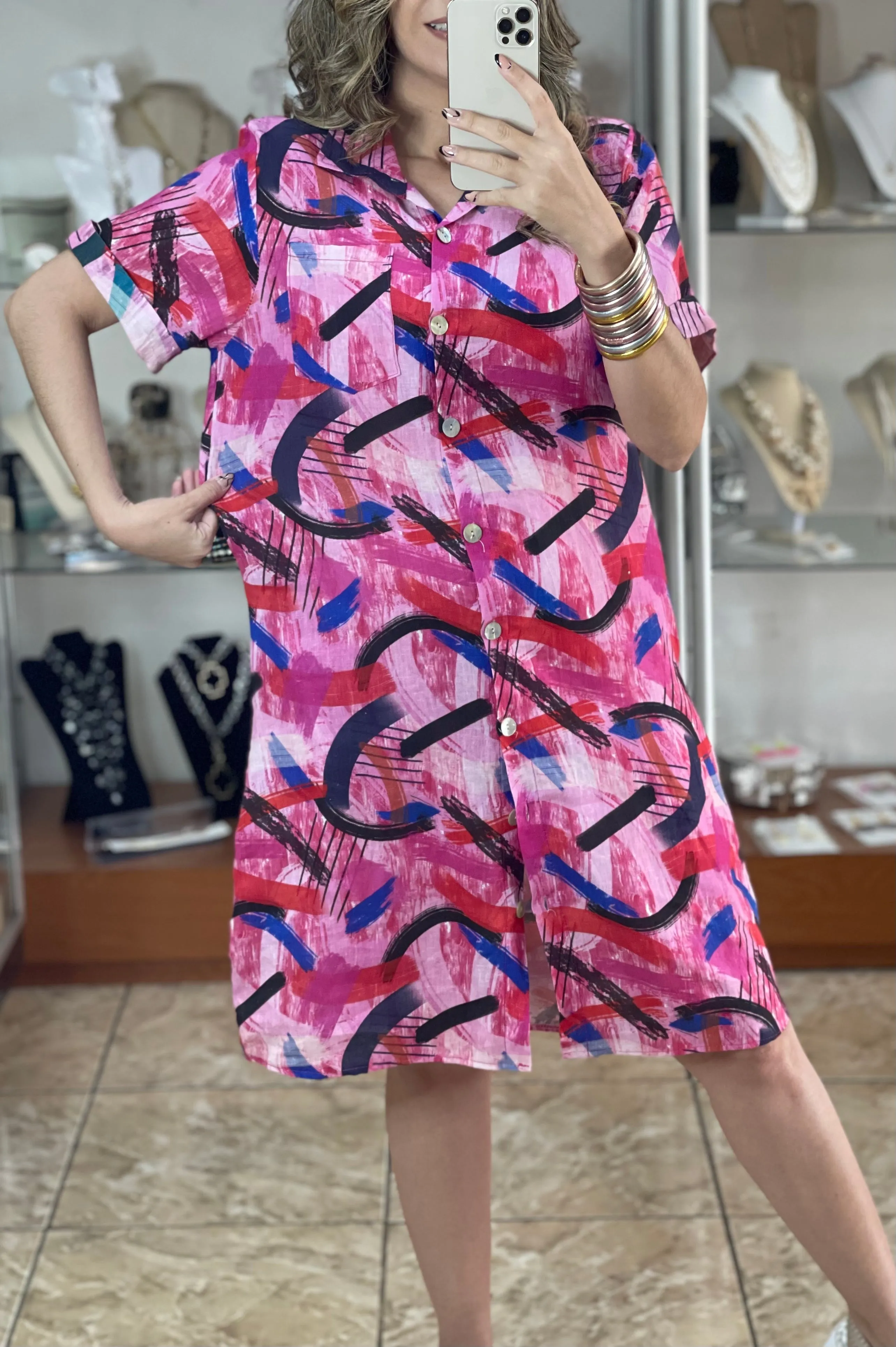 Linen Abstract Print OS Dress